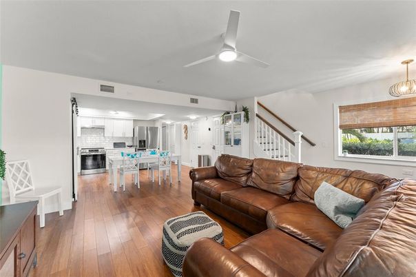 Dining room, Interior, Kitchen, Living room, Pendant Lights, Stainless Steel Appliances, Wood Texture Flooring