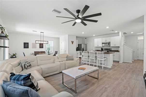 Dining room, Interior, Kitchen, Living room, Pendant Lights, Recessed Lighting, Stainless Steel Appliances, Wood Texture Flooring