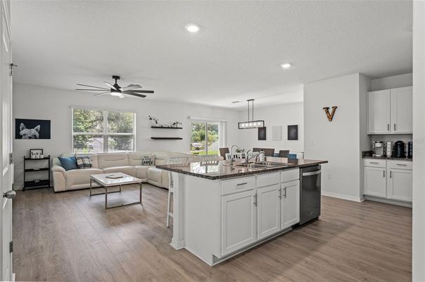 Dining room, Interior, Kitchen, Living room, Pendant Lights, Recessed Lighting, Wood Texture Flooring