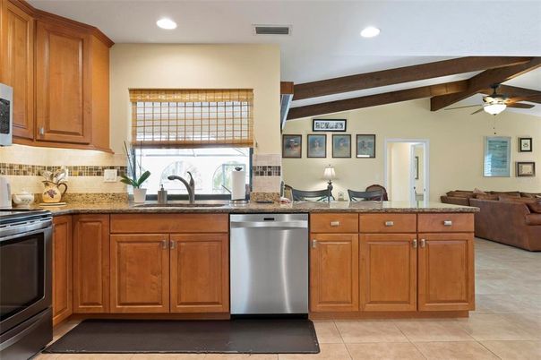 Interior, Kitchen, Living room, Recessed Lighting, Stainless Steel Appliances, Wooden Beams