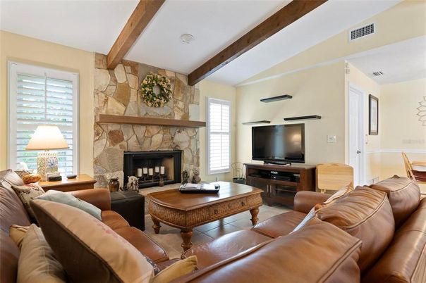 Fireplace, Interior, Living room, Stone Walls, Wooden Beams