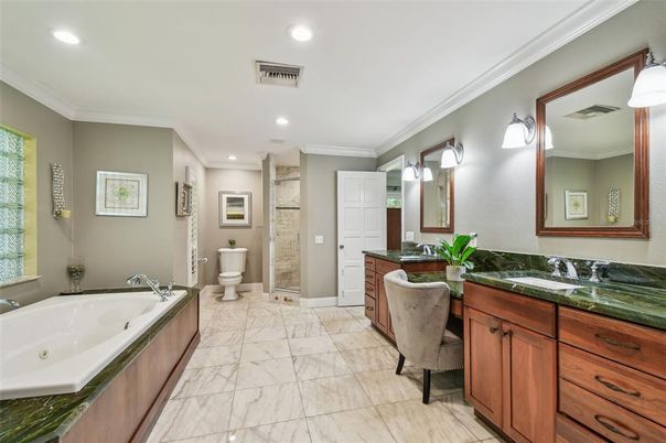 Bathroom, Dual Sink Vanities, Interior, Marble, Recessed Lighting