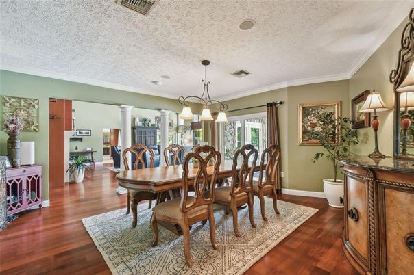 Chandelier, Dining room, Interior, Pendant Lights, Wood Texture Flooring