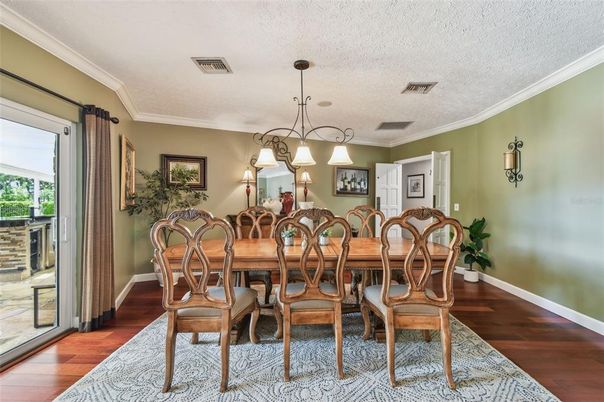 Chandelier, Dining room, Interior, Pendant Lights, Wood Texture Flooring