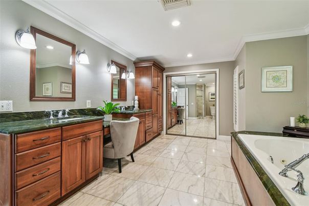 Bathroom, Dual Sink Vanities, Glass Shower, Interior, Marble, Recessed Lighting