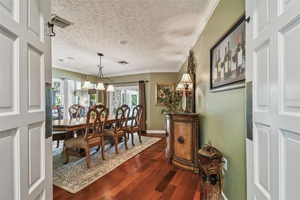 Dining room, Interior, Pendant Lights, Wood Texture Flooring