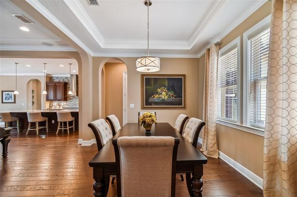Dining room, Interior, Pendant Lights, Recessed Lighting, Wood Texture Flooring