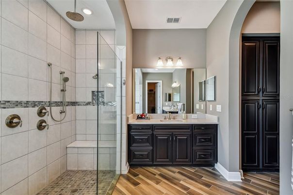 Bathroom, Glass Shower, Interior, Recessed Lighting, Wood Texture Flooring