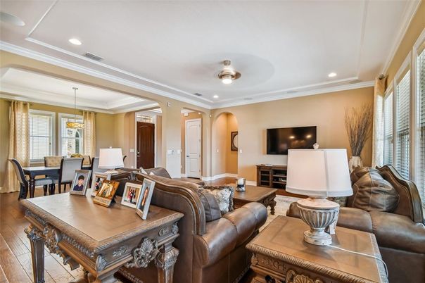 Dining room, Interior, Living room, Recessed Lighting, Wood Texture Flooring