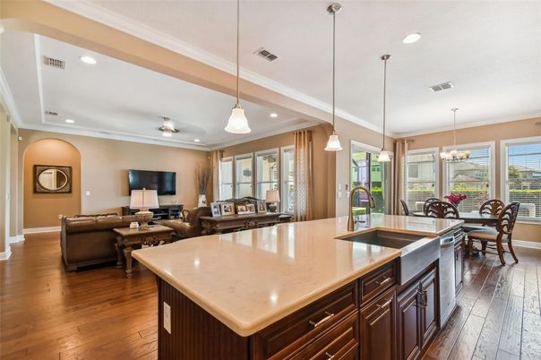 Chandelier, Dining room, Interior, Kitchen, Living room, Pendant Lights, Recessed Lighting, Wood Texture Flooring
