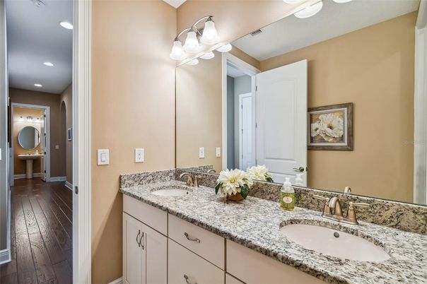 Bathroom, Dual Sink Vanities, Interior, Recessed Lighting, Wood Texture Flooring