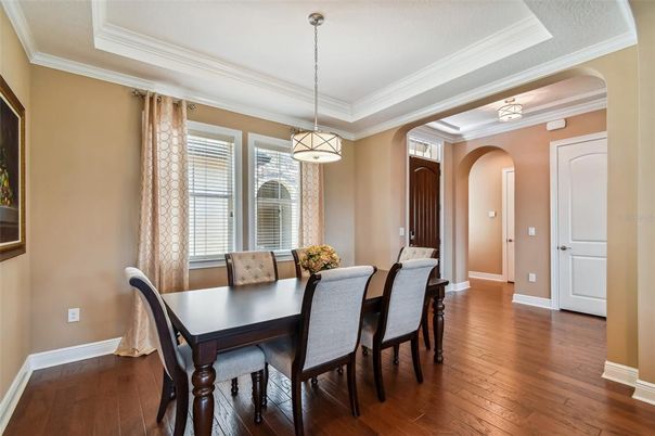 Dining room, Interior, Pendant Lights, Wood Texture Flooring