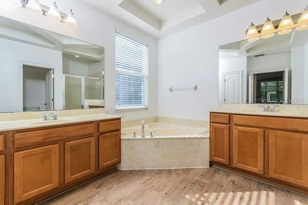 Bathroom, Dual Sink Vanities, Interior, Recessed Lighting, Wood Texture Flooring