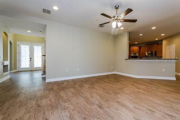 Empty room, Interior, Kitchen, Recessed Lighting, Wood Texture Flooring