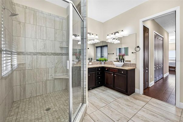 Bathroom, Dual Sink Vanities, Glass Shower, Interior, Wood Texture Flooring
