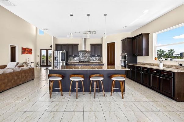 Interior, Kitchen, Marble, Pendant Lights, Recessed Lighting, Stainless Steel Appliances