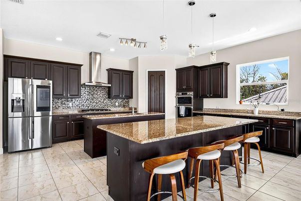 Interior, Kitchen, Marble, Pendant Lights, Recessed Lighting, Stainless Steel Appliances