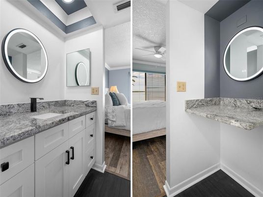 Bathroom, Bedroom, Dual Sink Vanities, Interior, Recessed Lighting, Wood Texture Flooring