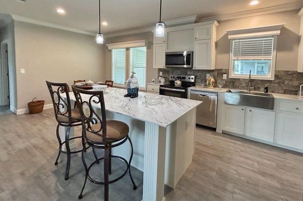 Interior, Kitchen, Pendant Lights, Recessed Lighting, Stainless Steel Appliances, Wood Texture Flooring
