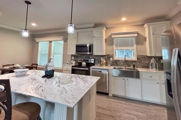 Interior, Kitchen, Pendant Lights, Recessed Lighting, Stainless Steel Appliances, Wood Texture Flooring
