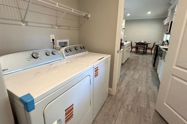 Dining room, Interior, Recessed Lighting, Washer, Wood Texture Flooring