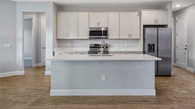 Interior, Kitchen, Recessed Lighting, Stainless Steel Appliances, Wood Texture Flooring