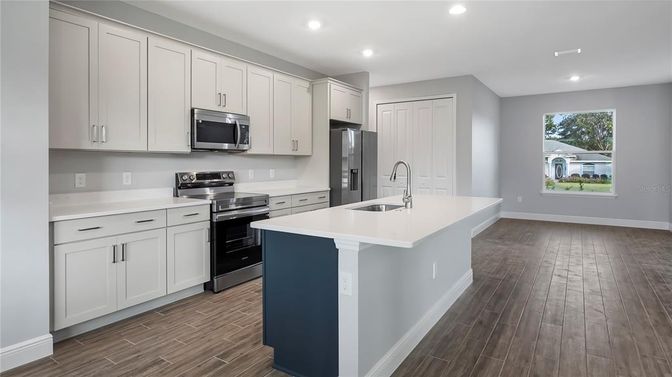 Interior, Kitchen, Recessed Lighting, Stainless Steel Appliances, Wood Texture Flooring