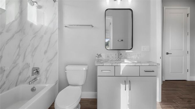 Bathroom, Interior, Marble Walls, Tile Countertops, Wood Texture Flooring