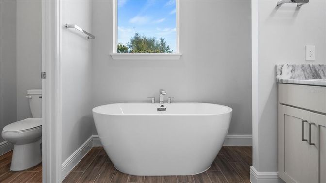 Bathroom, Free Standing Baths, Interior, Wood Texture Flooring