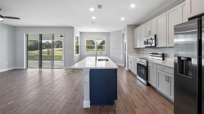 Interior, Kitchen, Recessed Lighting, Stainless Steel Appliances, Wood Texture Flooring
