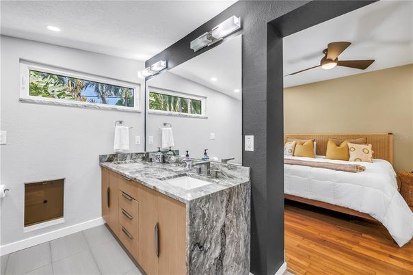 Bathroom, Bedroom, Dual Sink Vanities, Interior, Recessed Lighting, Wood Texture Flooring