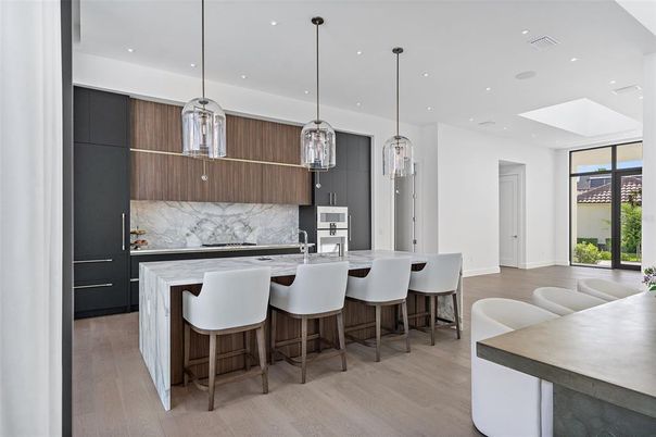 Interior, Kitchen, Marble Walls, Pendant Lights, Recessed Lighting, Wood Texture Flooring