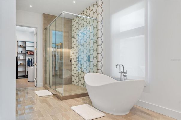 Bathroom, Free Standing Baths, Glass Shower, Interior, Recessed Lighting
