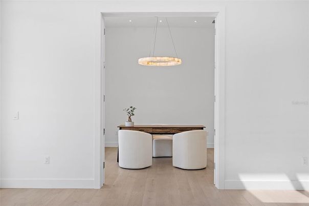 Dining room, Interior, Pendant Lights, Recessed Lighting, Wood Texture Flooring