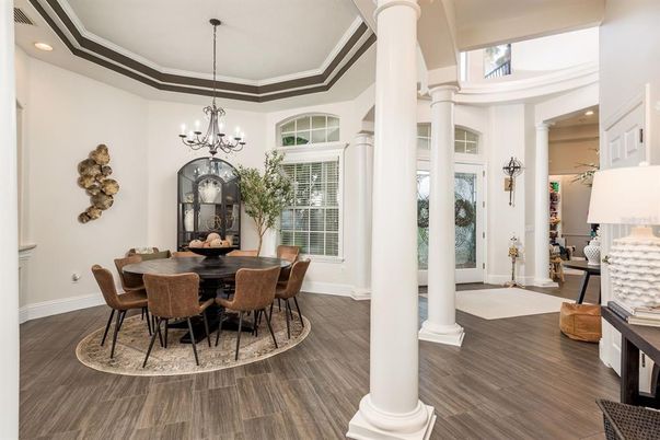 Chandelier, Dining room, Interior, Recessed Lighting, Wood Texture Flooring