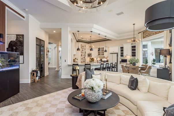 Dining room, Interior, Kitchen, Living room, Pendant Lights, Recessed Lighting, Stainless Steel Appliances, Wood Texture Flooring