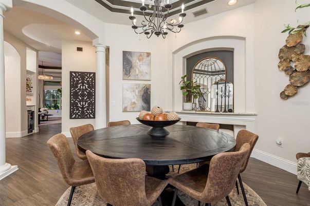 Chandelier, Dining room, Interior, Recessed Lighting, Wood Texture Flooring