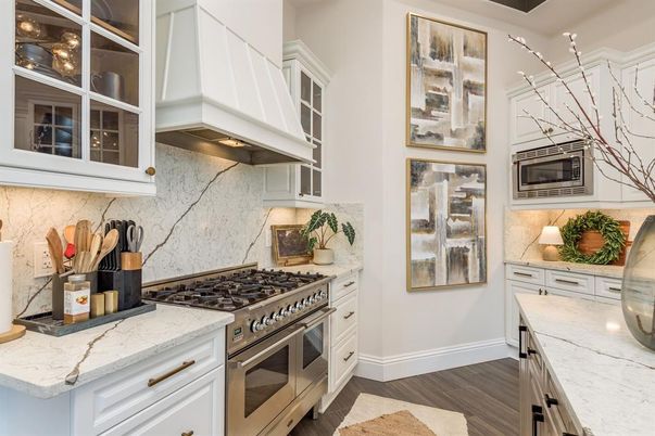 Interior, Kitchen, Marble Walls, Stainless Steel Appliances, Wood Texture Flooring