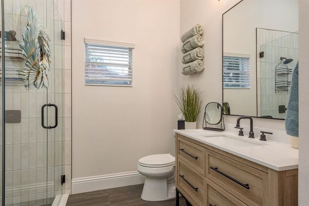 Bathroom, Glass Shower, Interior, Wood Texture Flooring