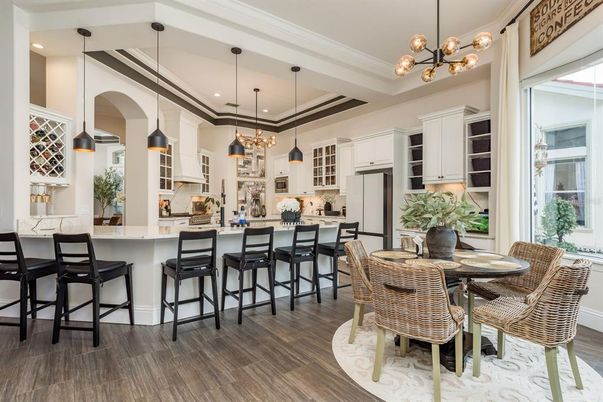 Dining room, Interior, Kitchen, Pendant Lights, Recessed Lighting, Wood Texture Flooring