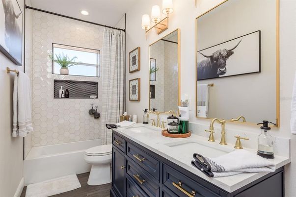 Bathroom, Dual Sink Vanities, Interior, Recessed Lighting, Wood Texture Flooring