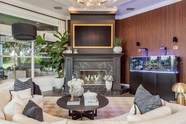Fireplace, Interior, Living room, Recessed Lighting, Wooden Walls
