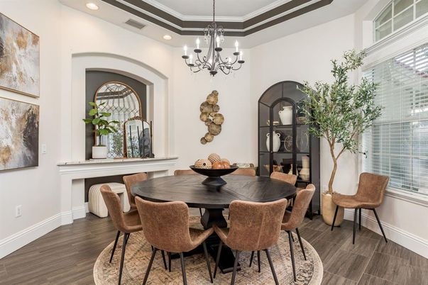 Chandelier, Dining room, Interior, Recessed Lighting, Wood Texture Flooring
