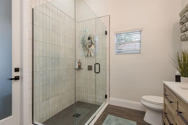 Bathroom, Glass Shower, Interior, Wood Texture Flooring