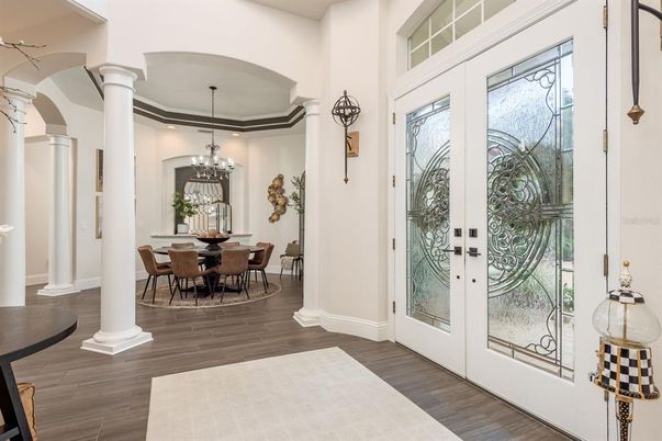 Chandelier, Dining room, Interior, Pendant Lights, Recessed Lighting, Wood Texture Flooring