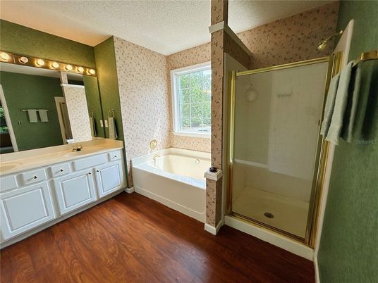 Bathroom, Dual Sink Vanities, Glass Shower, Interior, Wood Texture Flooring