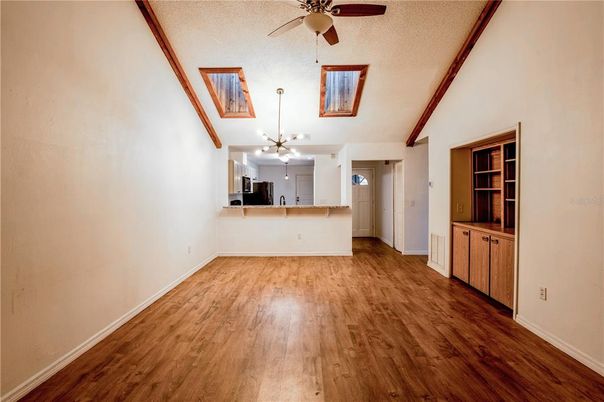 Empty room, Interior, Kitchen, Pendant Lights, Wood Texture Flooring