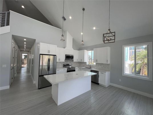Interior, Kitchen, Pendant Lights, Recessed Lighting, Stainless Steel Appliances, Wood Texture Flooring