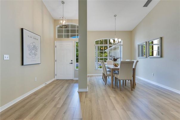 Chandelier, Dining room, Interior, Pendant Lights, Wood Texture Flooring
