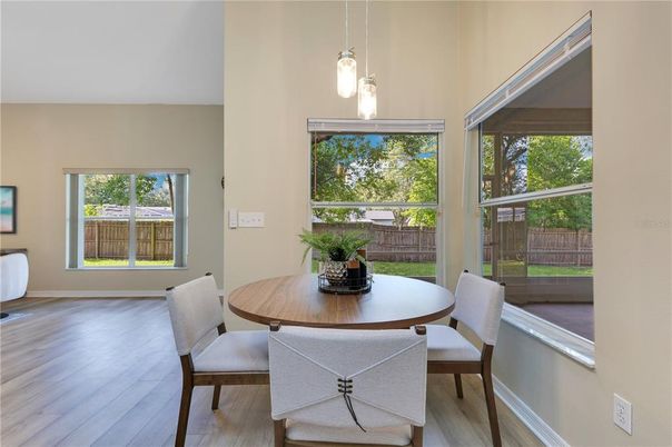 Dining room, Interior, Pendant Lights, Wood Texture Flooring